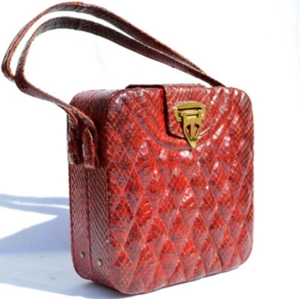 RARE 1940s Bass Python Snakeskin Reptiles Red Quilted Satchel.